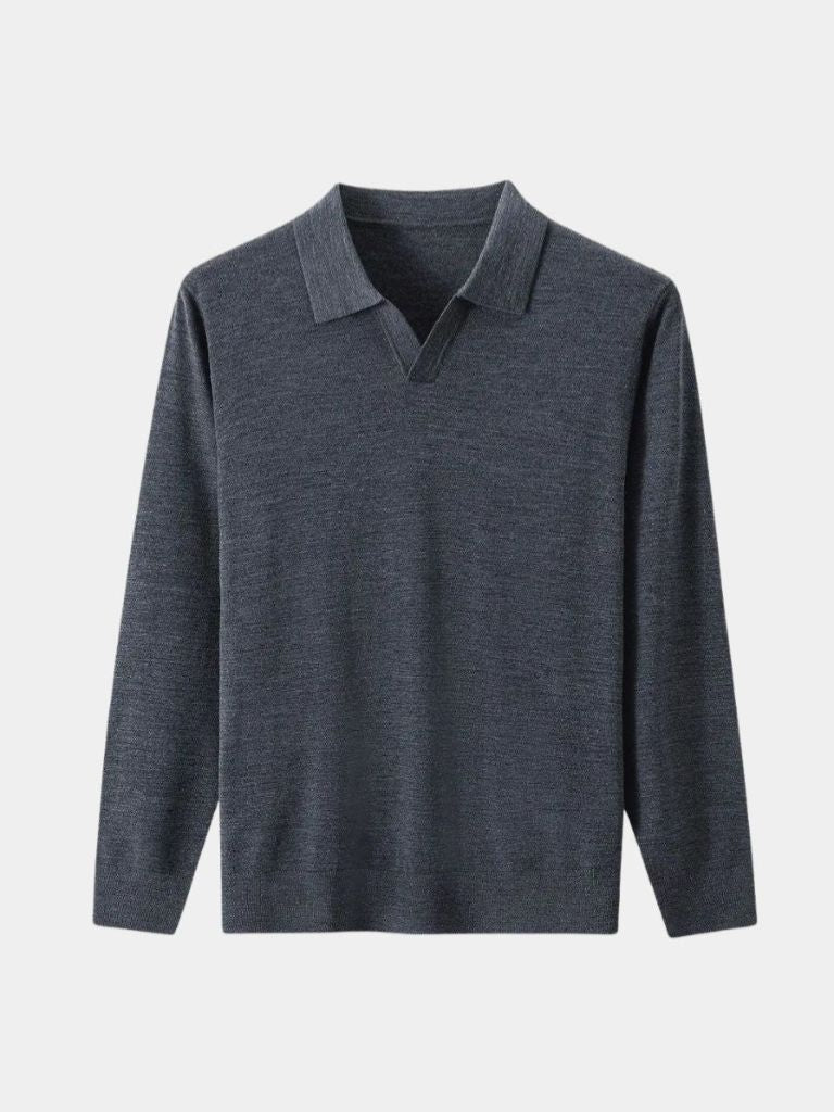 100% Wool Knit V Neck Turndown Polo Pullover - North Row