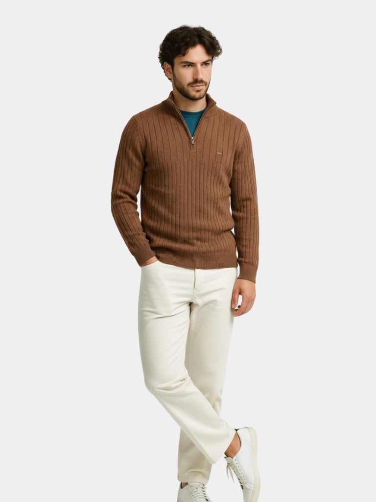 Cotton Knit Vertical Stripes Quarter-Zip Sweater - North Row