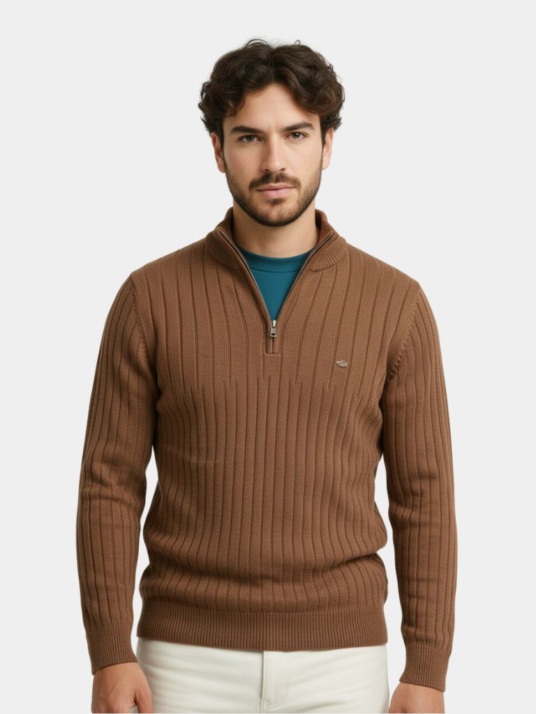 Cotton Knit Vertical Stripes Quarter-Zip Sweater - North Row