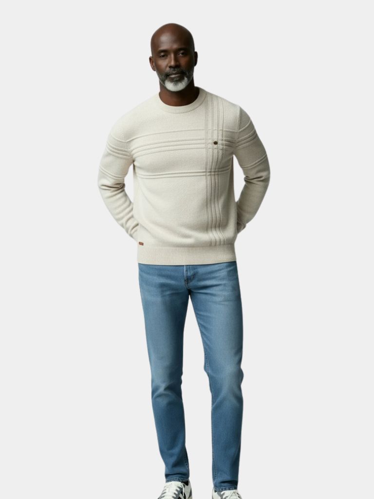 Cotton Knitted Stripped Crew Neck Pullover Sweater - North Row