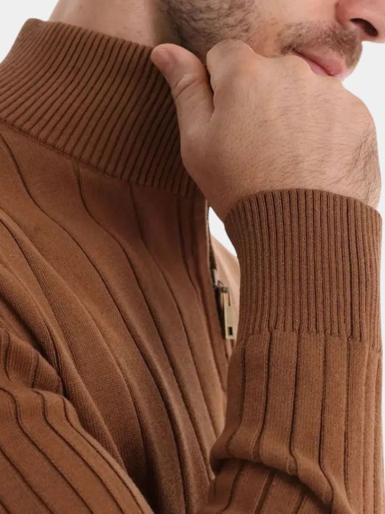 Cotton Knit Vertical Stripes Quarter-Zip Sweater - North Row