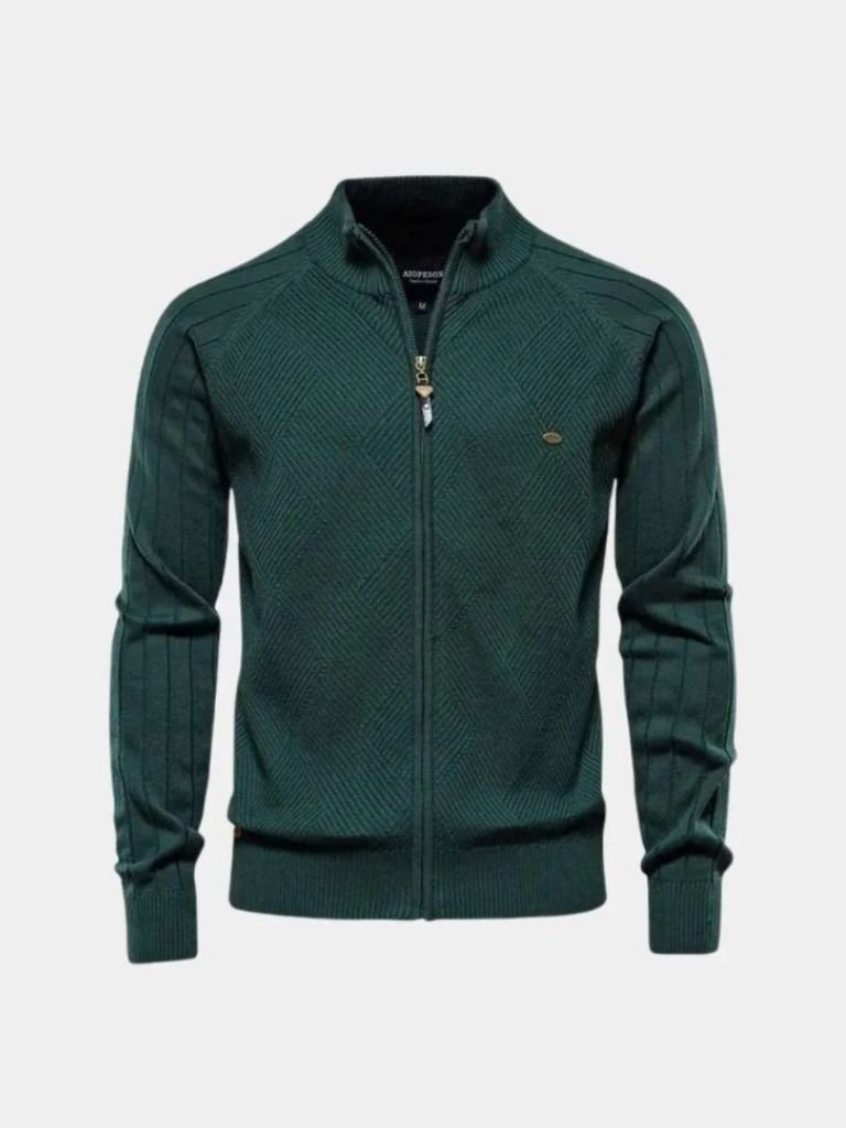 Knit Zipper Jacquard Solid Color Cardigan Sweater - North Row