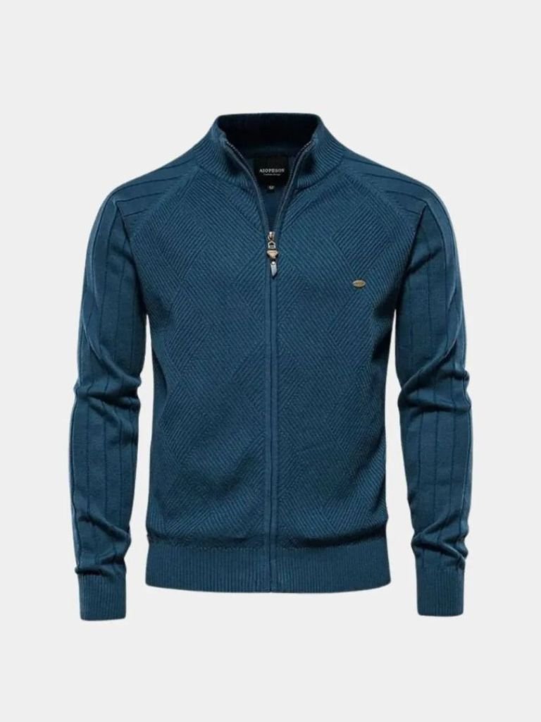 Knit Zipper Jacquard Solid Color Cardigan Sweater - North Row